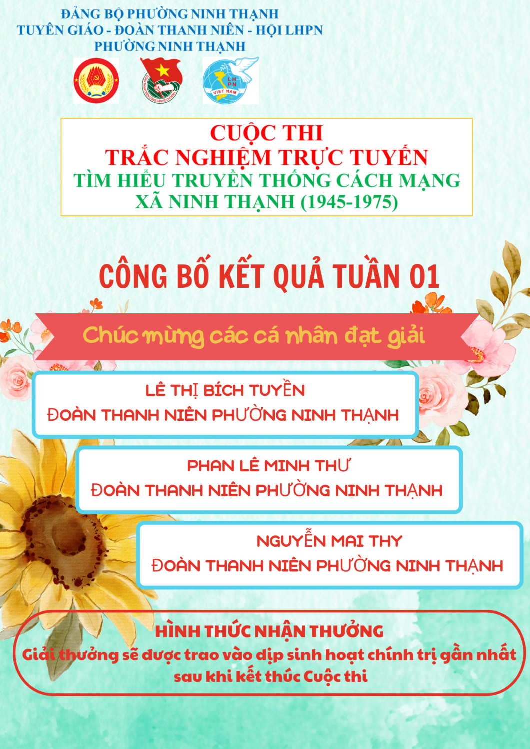 Kết quả tuần thi thứ nhất Cuộc thi trắc nghiệm trực tuyến tìm hiểu truyền thống Cách mạng xã Ninh Thạnh (1945-1975)