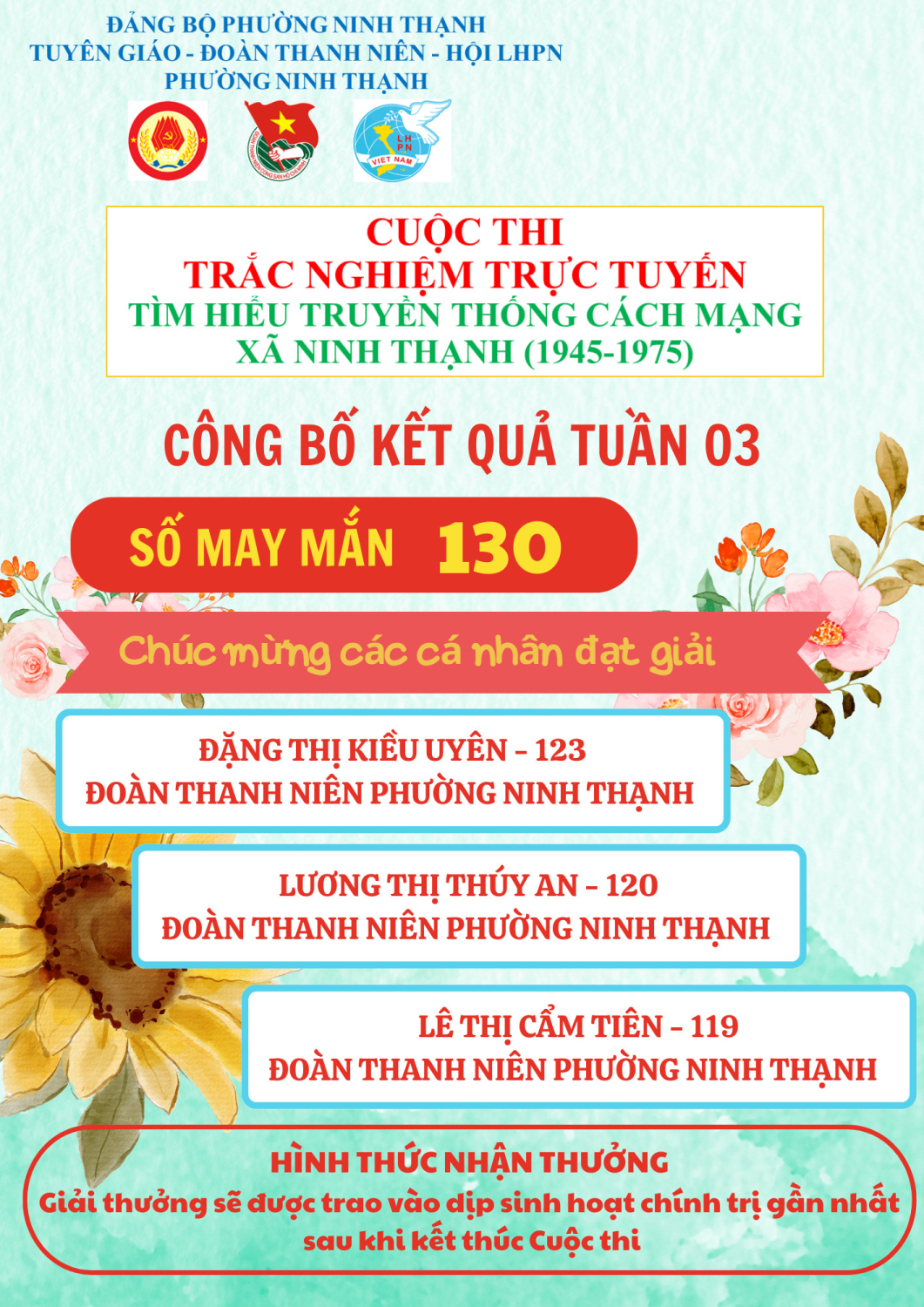 Kết quả tuần thi thứ ba Cuộc thi trắc nghiệm trực tuyến tìm hiểu truyền thống Cách mạng xã Ninh Thạnh (1945-1975)