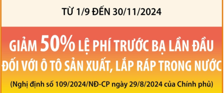 Từ 1/9 đến 30/11/2024: Giảm 50% lệ phí trước bạ lần đầu đối với ô tô sản xuất, lắp ráp trong nước